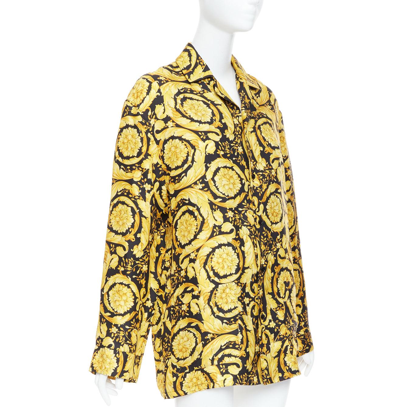 Orange VERSACE 100% silk Signature Barocco Baroque black gold print pajama shirt Sz2 M For Sale
