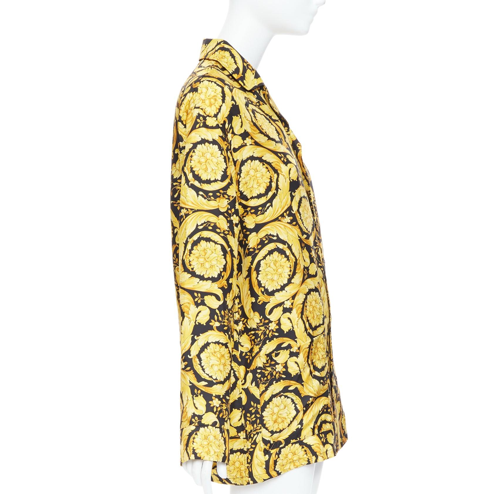 VERSACE 100% silk Signature Barocco Baroque black gold print pajama shirt Sz2 M In New Condition For Sale In Hong Kong, NT