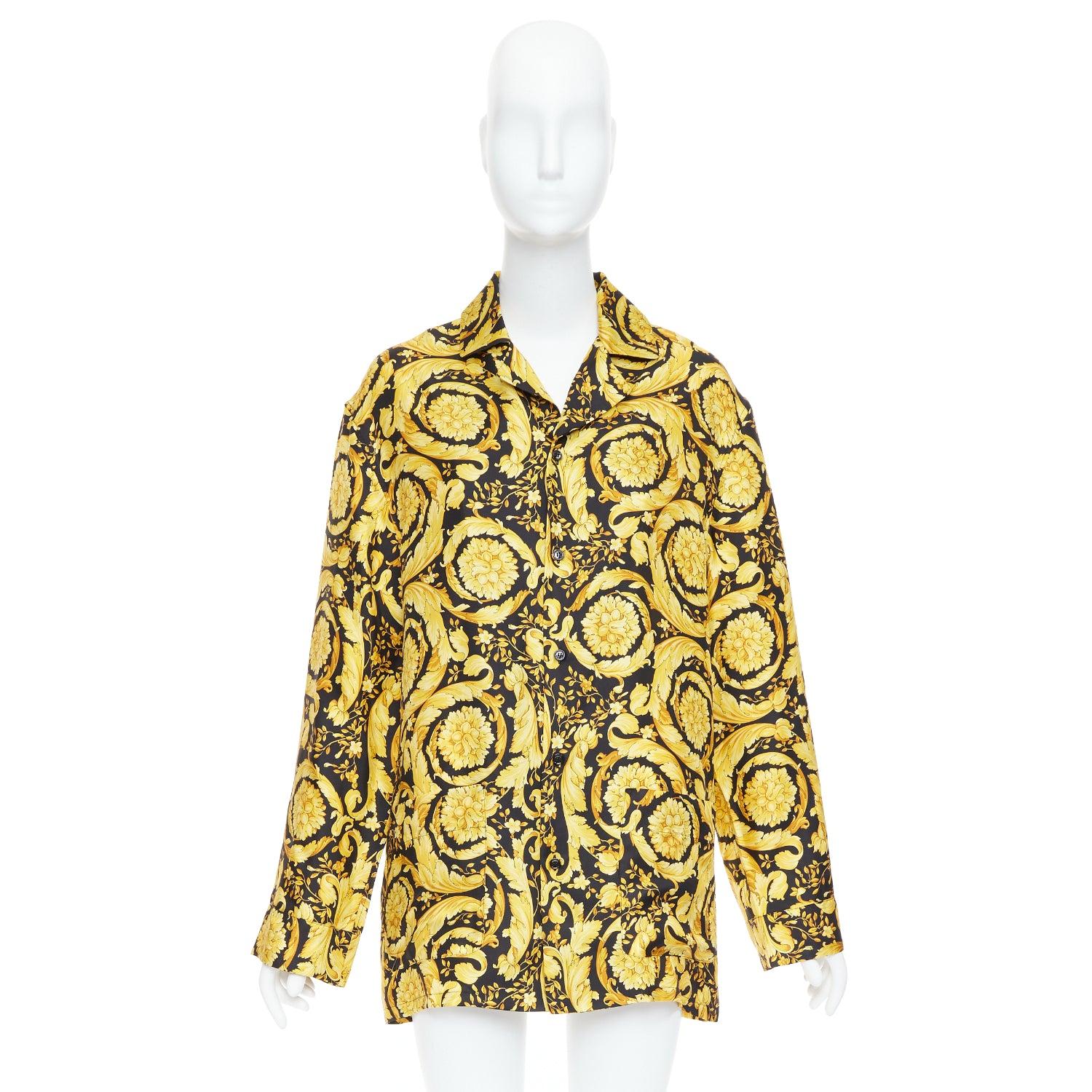 VERSACE 100% silk Signature Barocco Baroque black gold print pajama shirt Sz2 M For Sale 4