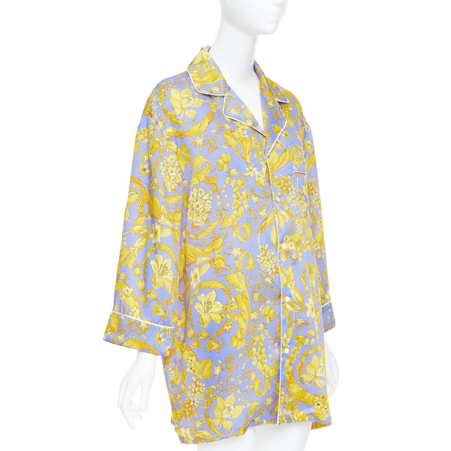 Gold VERSACE 100% silk Signature Barocco Baroque lilac gold print pajama shirt Sz.3 L For Sale
