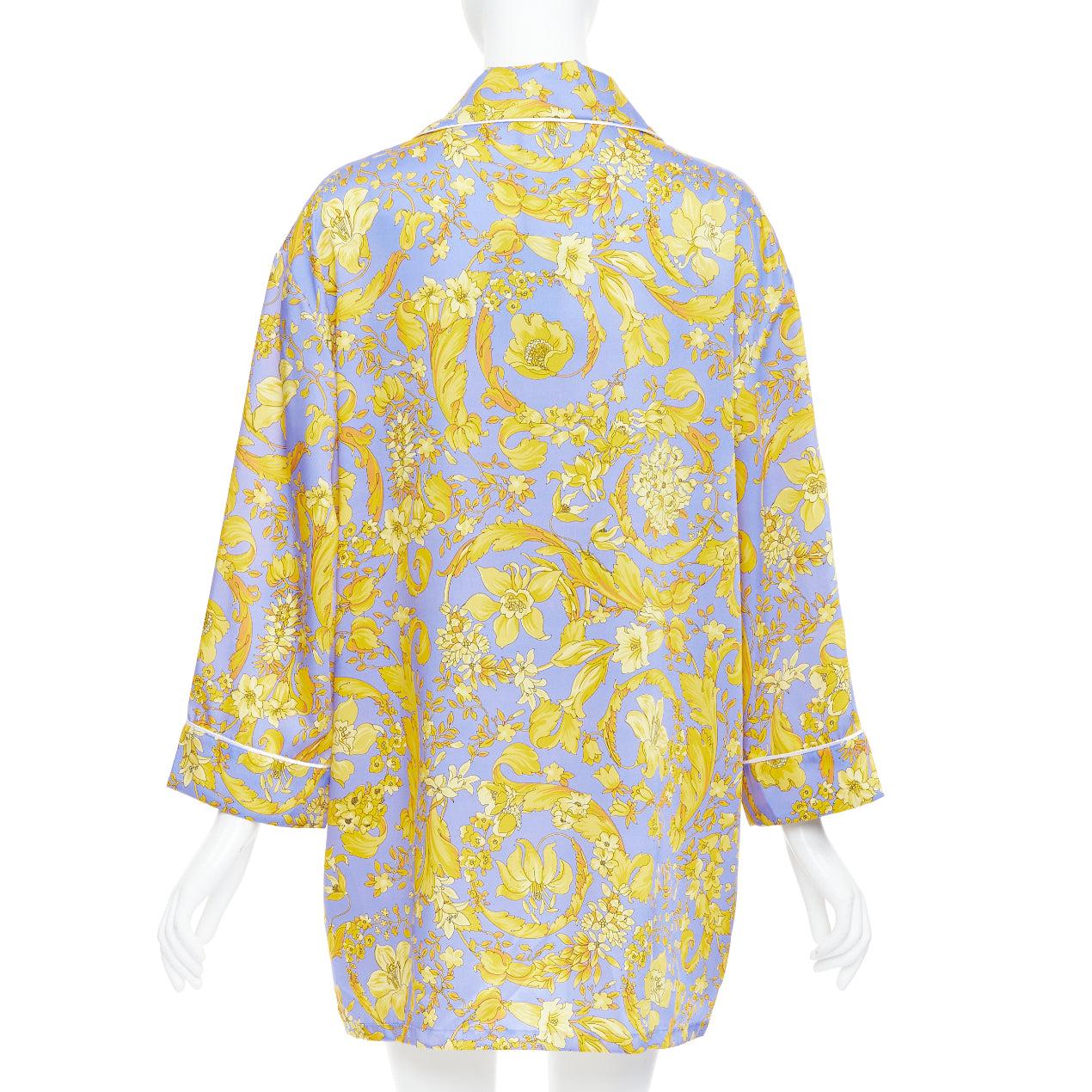 Women's VERSACE 100% silk Signature Barocco Baroque lilac gold print pajama shirt Sz.3 L For Sale