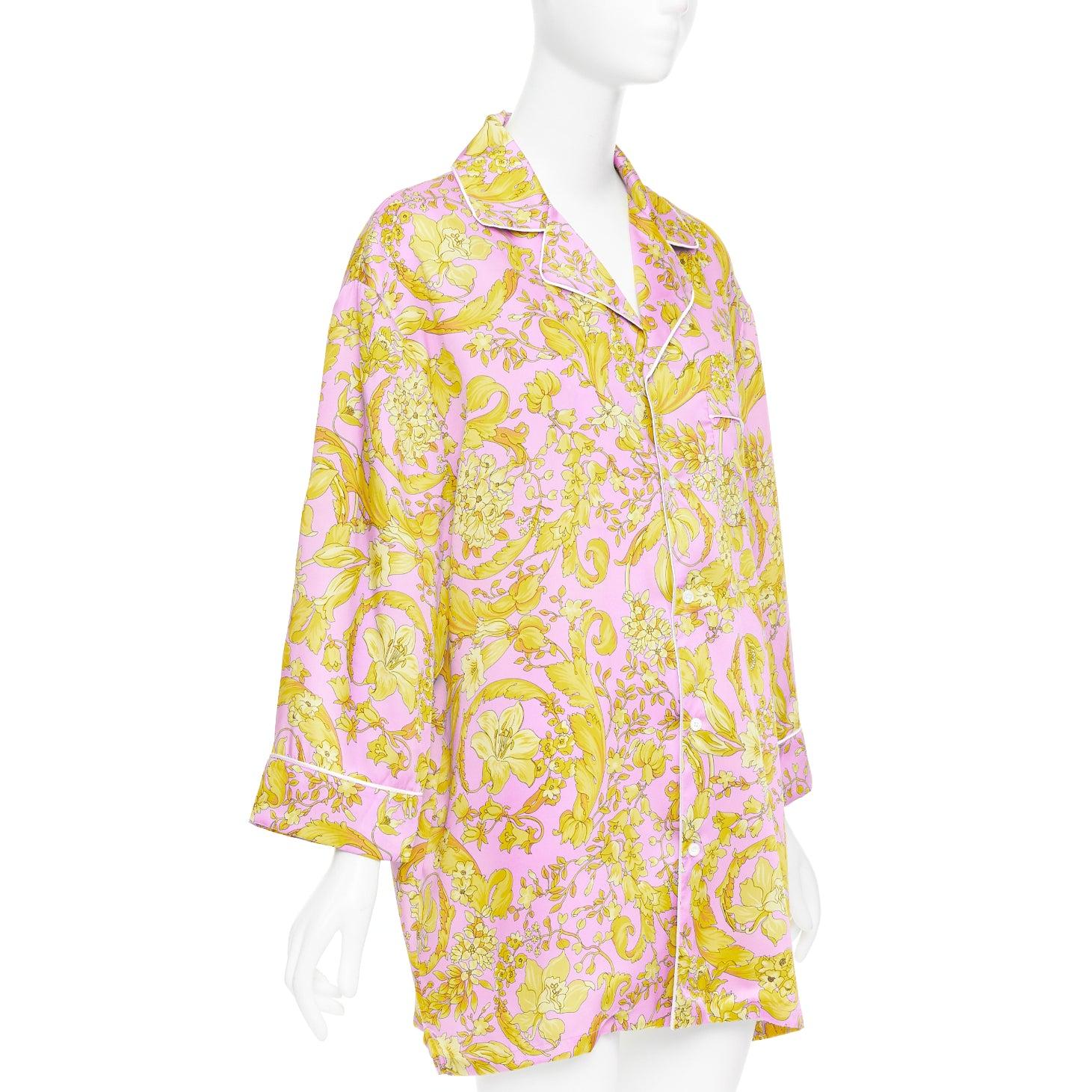 Beige VERSACE 100% silk Signature Barocco Baroque pink gold print pajama shirt Sz.4 XL For Sale