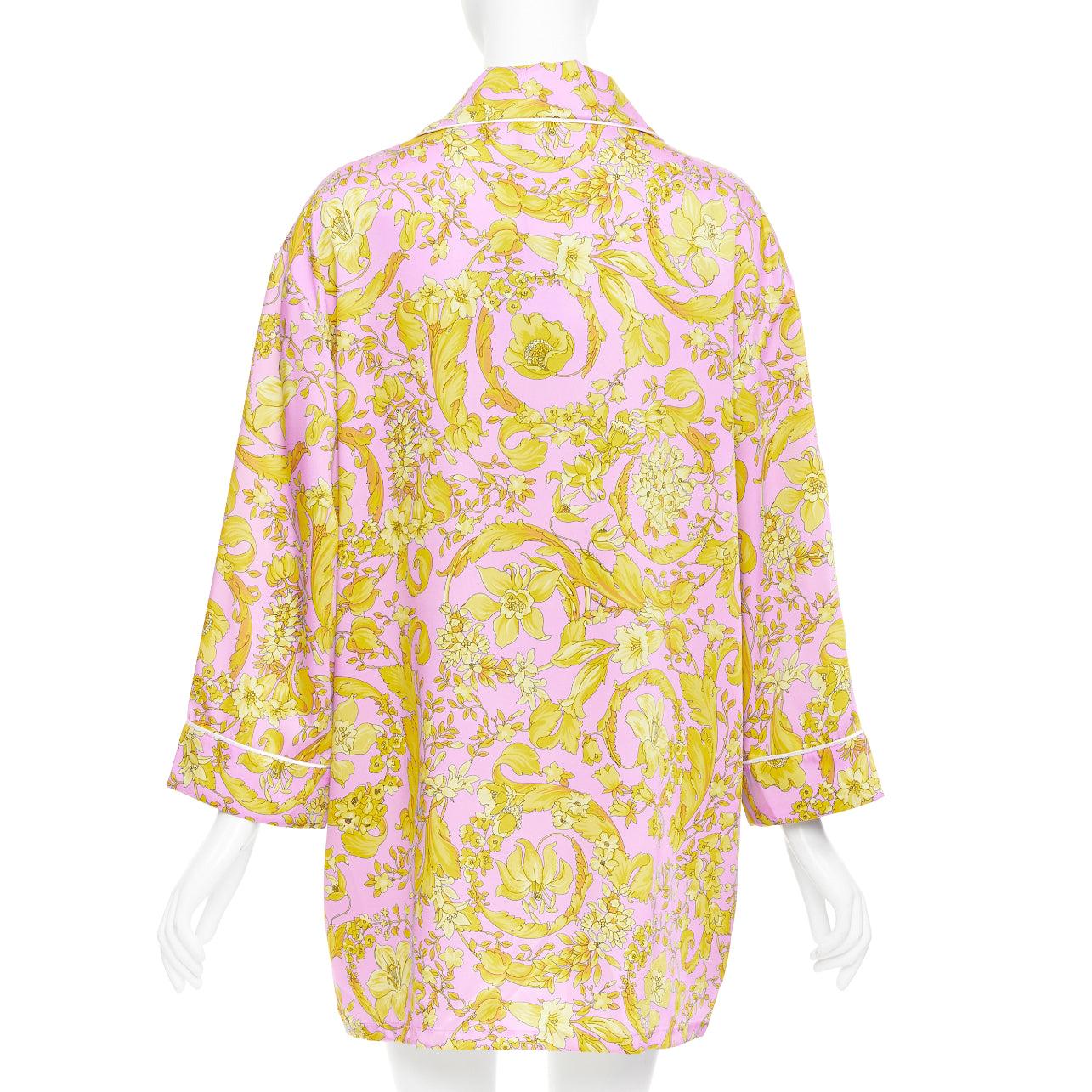 Women's VERSACE 100% silk Signature Barocco Baroque pink gold print pajama shirt Sz.4 XL For Sale