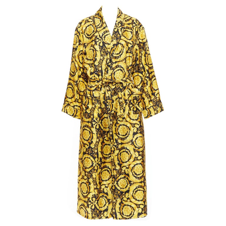 Versace Barocco-Print Silk Robe, Black/Gold, Women's, 2, Loungewear & Sleepwear Robes Bathrobes
