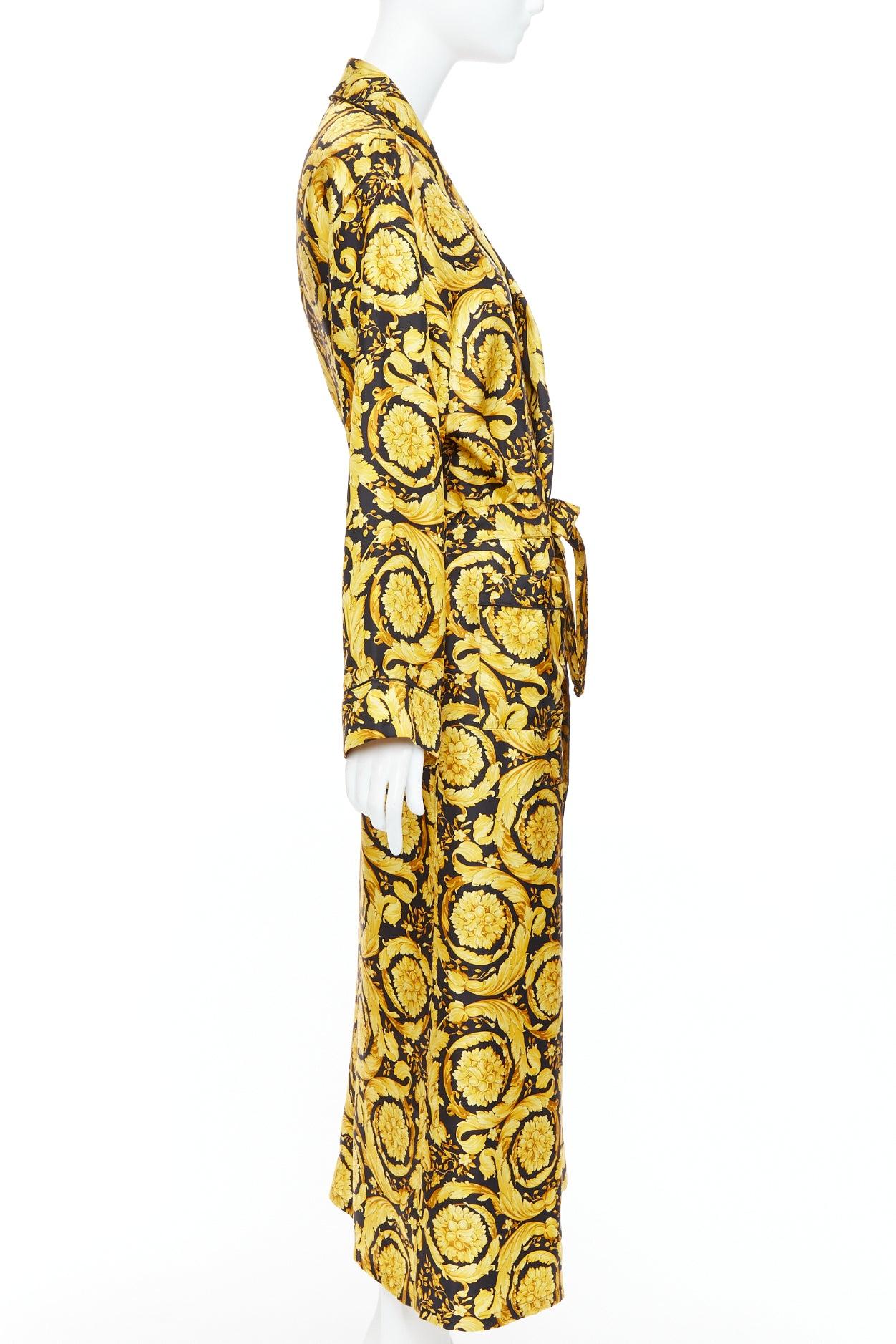 Brown VERSACE 100% silk Signature Barocco Baroque print gold black robe gown Sz3 L For Sale