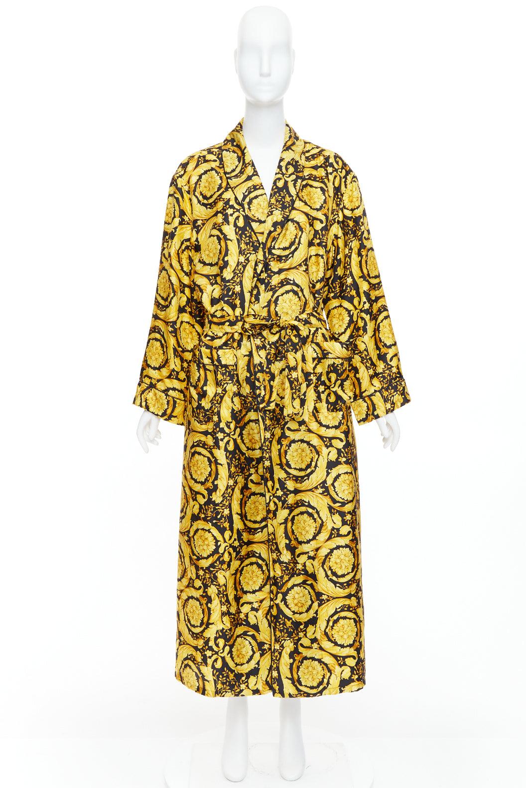 VERSACE 100% silk Signature Barocco Baroque print gold black robe gown Sz3 L For Sale 4