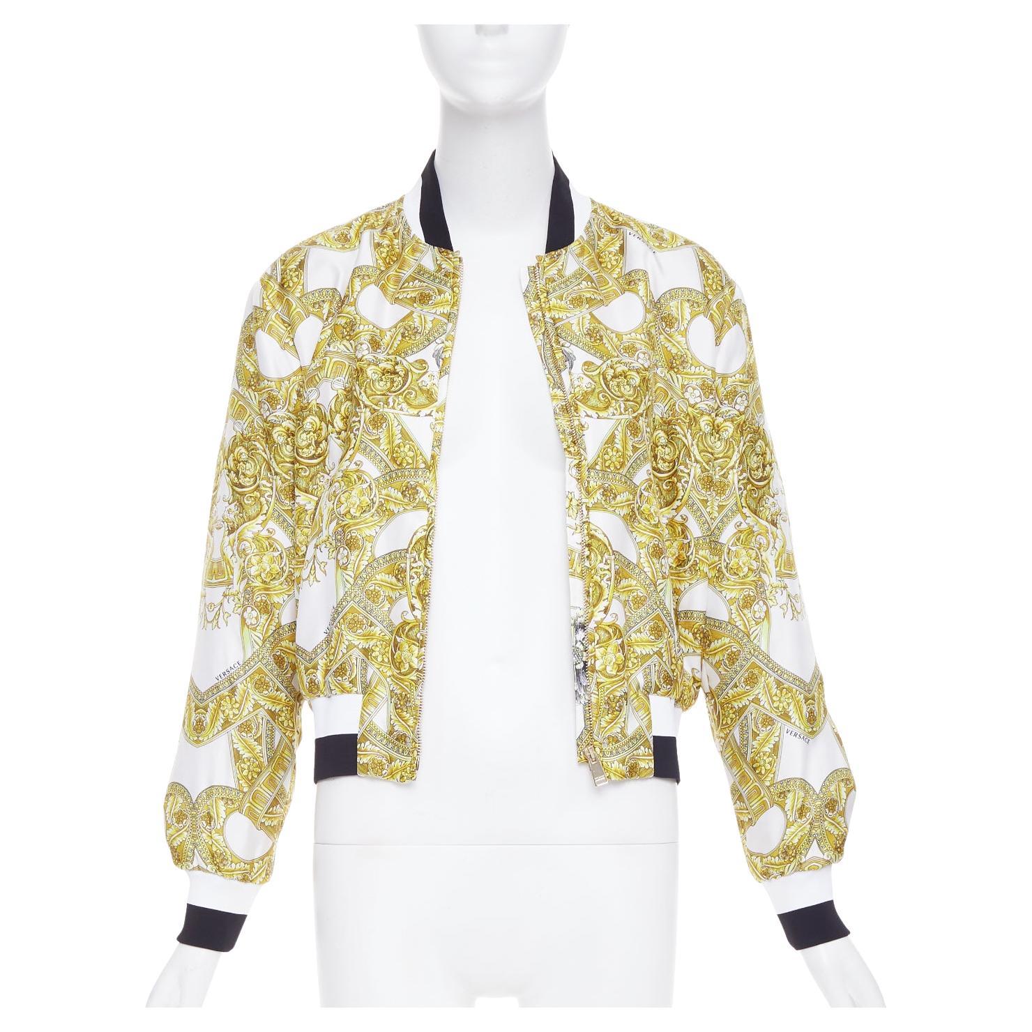 VERSACE 100% silk white gold Barocco chain print cropped bomber IT40 S For Sale
