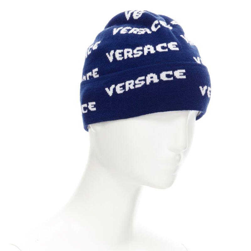 Gray VERSACE 100% wool black white logo monogram beanie hat For Sale