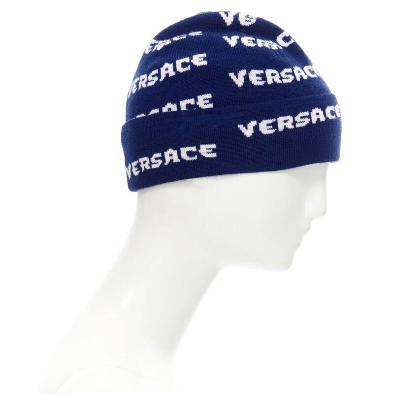 VERSACE 100% wool black white logo monogram beanie hat In New Condition For Sale In Hong Kong, NT