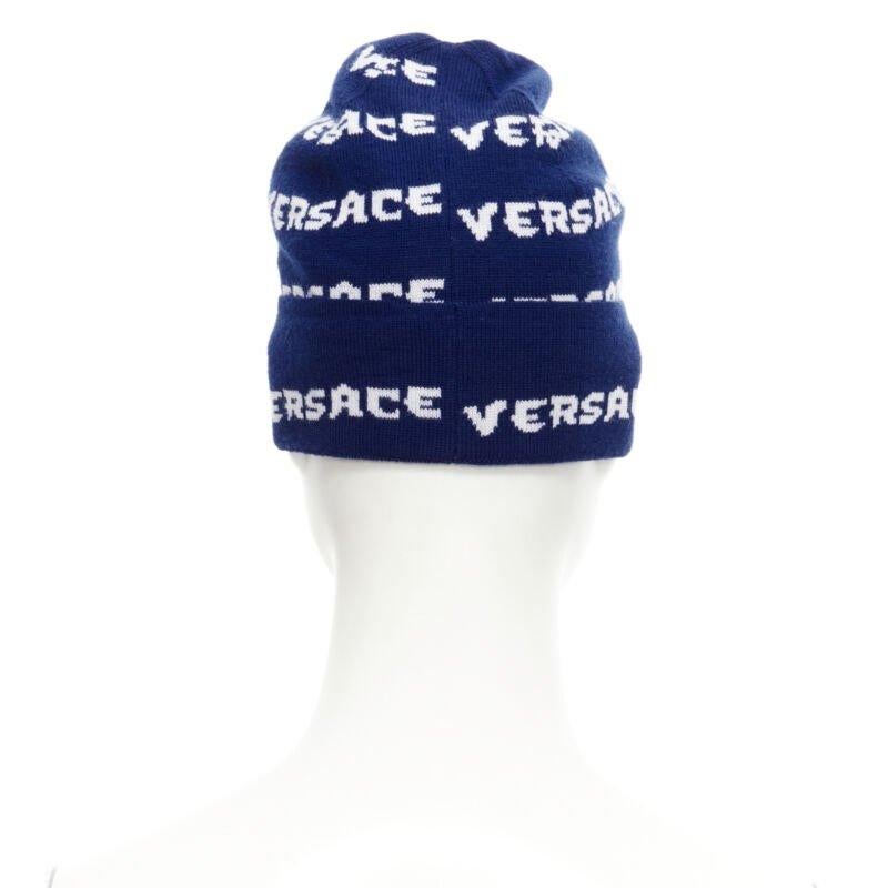 Women's or Men's VERSACE 100% wool black white logo monogram beanie hat For Sale
