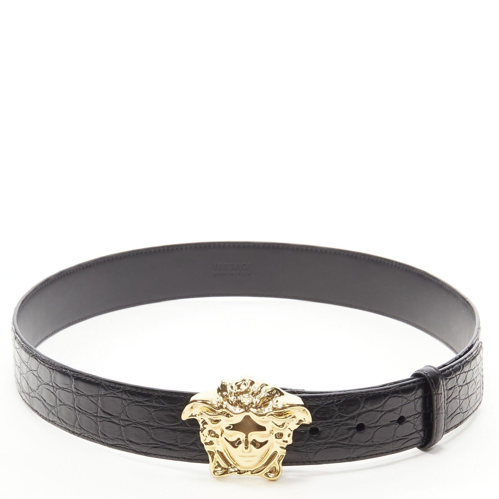 VERSACE $1200 La Medusa gold buckle black scaled leather belt 100cm 38-42