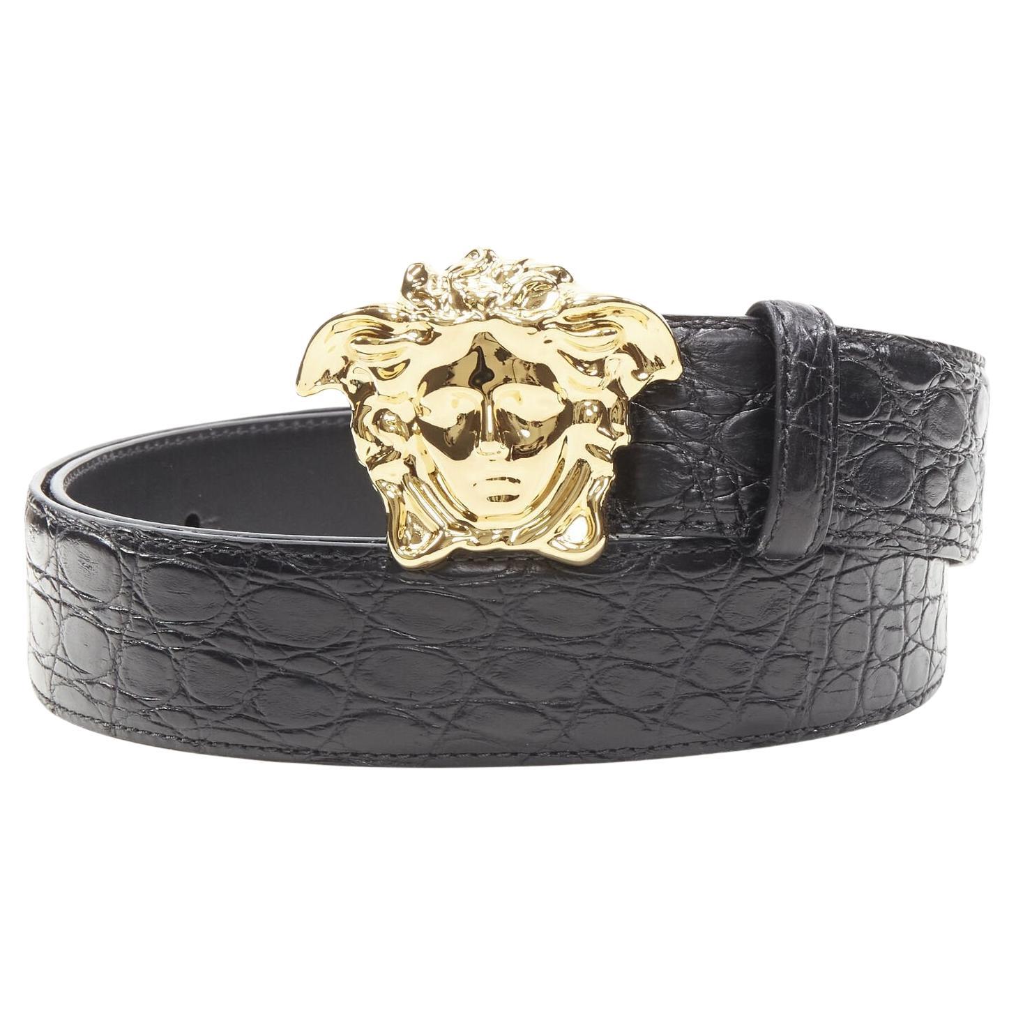 VERSACE $1200 La Medusa gold buckle black scaled leather belt 100cm 38-42" For Sale