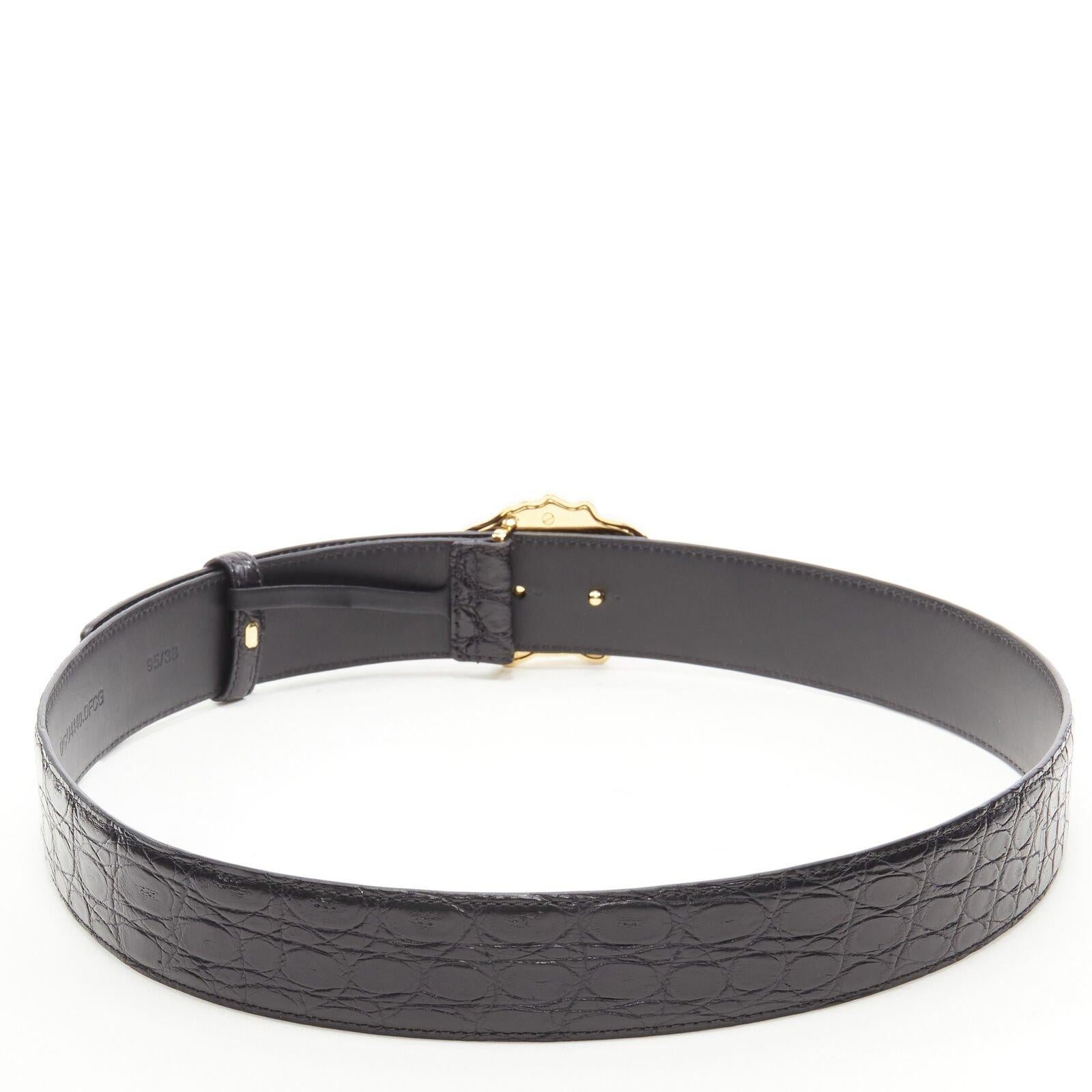 Black VERSACE $1200 La Medusa gold buckle black scaled leather belt 110cm 42-46
