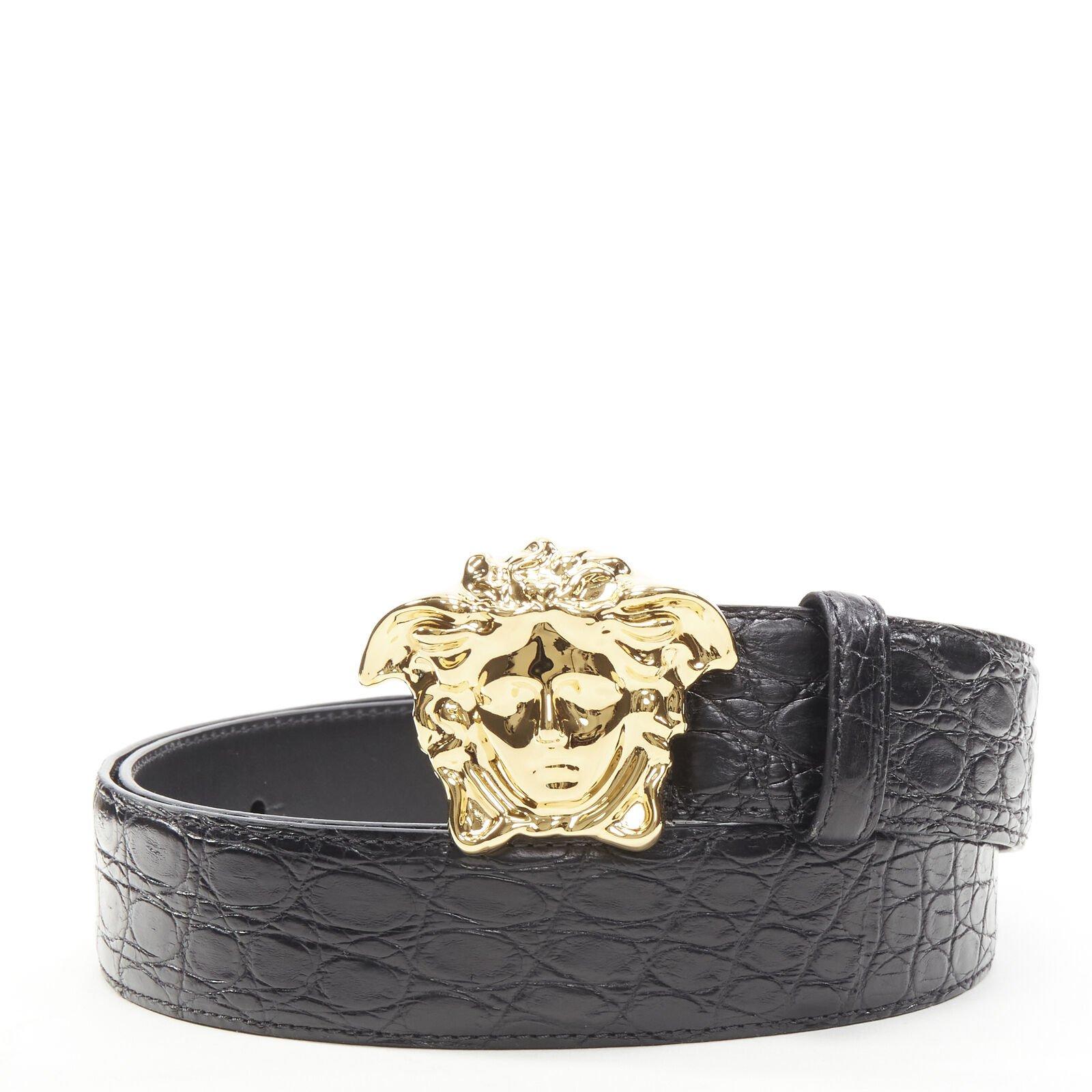 VERSACE $1200 La Medusa Schwarzer Ledergürtel mit goldener Schnalle und schwarzer Schublade 115cm 44-48