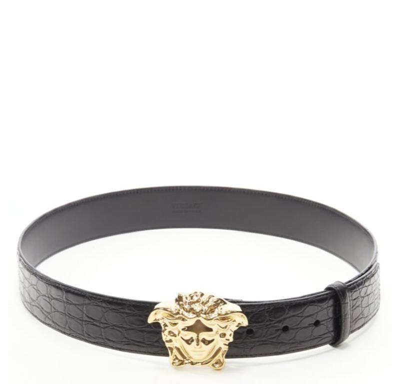 VERSACE $1200 La Medusa Schwarzer Ledergürtel mit goldener Schnalle und schwarzer Schublade 80cm 30-34