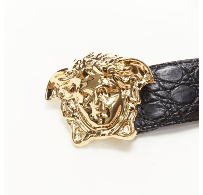 VERSACE $1200 La Medusa Schwarzer Ledergürtel mit goldener Schnalle und schwarzer Schublade 80cm 30-34