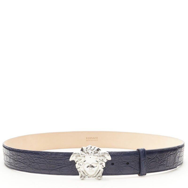 VERSACE $1200 La Medusa silver buckle blue scaled leather belt 105cm 40-44