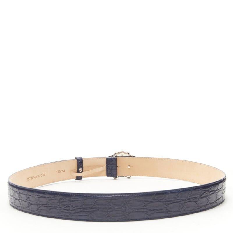 Black VERSACE $1200 La Medusa silver buckle blue scaled leather belt 105cm 40-44