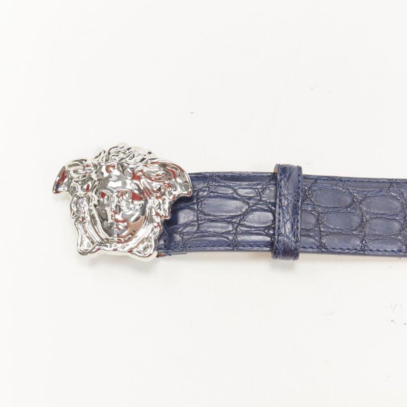 VERSACE $1200 La Medusa silver buckle blue scaled leather belt 105cm 40-44