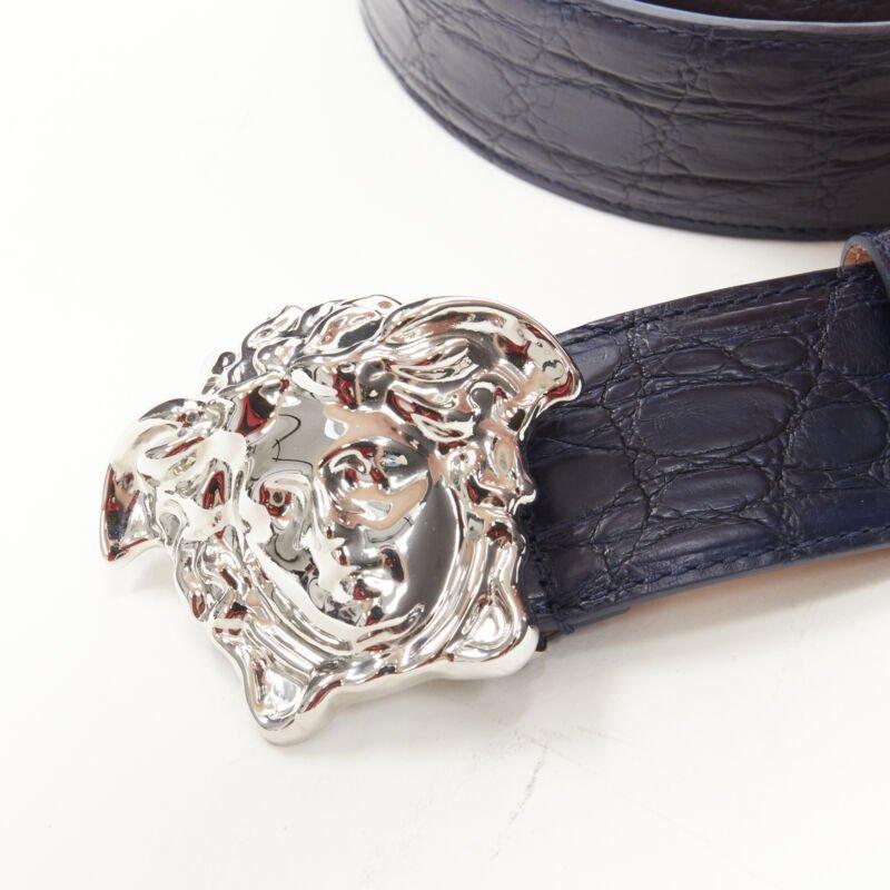 Men's VERSACE $1200 La Medusa silver buckle blue scaled leather belt 105cm 40-44