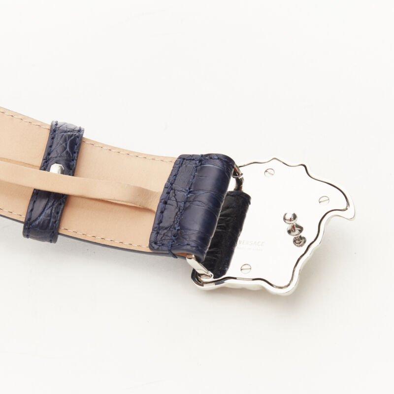 VERSACE $1200 La Medusa silver buckle blue scaled leather belt 105cm 40-44
