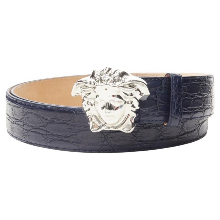 VERSACE $1200 La Medusa silver buckle blue scaled leather belt 110cm 42-46" For Sale