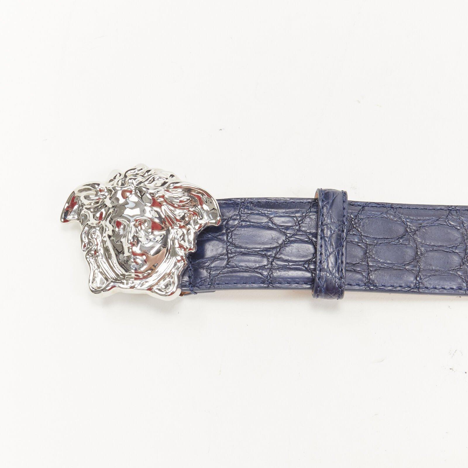 VERSACE $1200 La Medusa silver buckle blue scaled leather belt 80c 30-34