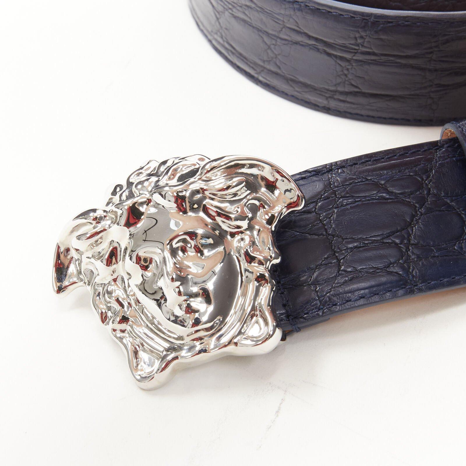 Men's VERSACE $1200 La Medusa silver buckle blue scaled leather belt 80c 30-34