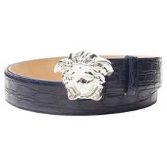 VERSACE $1200 La Medusa silver buckle blue scaled leather belt 80c 30-34"