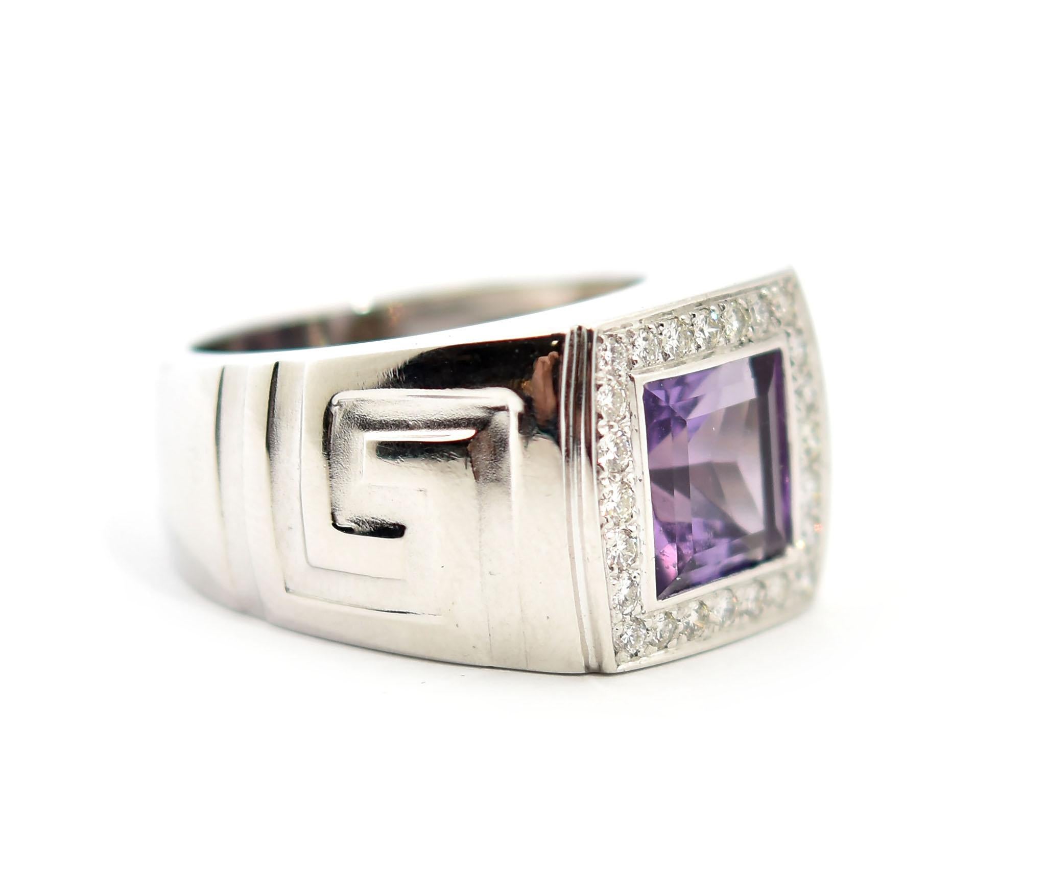 This gorgeous cocktail ring is designer in 18k white gold by VERSACE. The ring features a square-cut amethyst accented by a halo of round diamonds. The diamonds have a total weight of 0.48ct. The ring measures 15mm wide, and it weighs 17.22 grams.