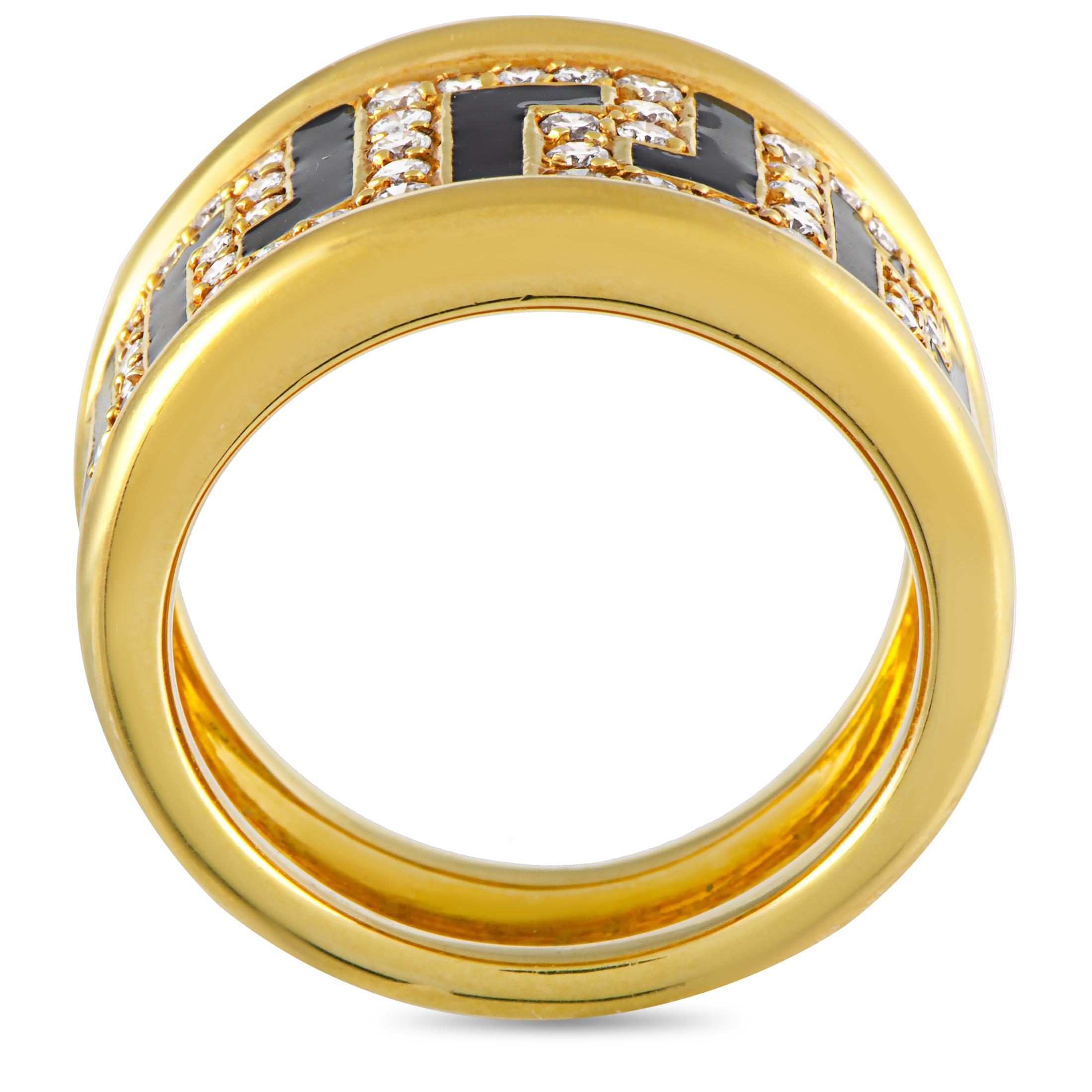 This Versace ring is made out of 18K yellow gold and enamel and set with a total of 0.75 carats of diamonds. The ring weighs 13.7 grams, boasting band thickness of 10 mm and top height of 4 mm, while top dimensions measure 13 by 21 mm.
This item