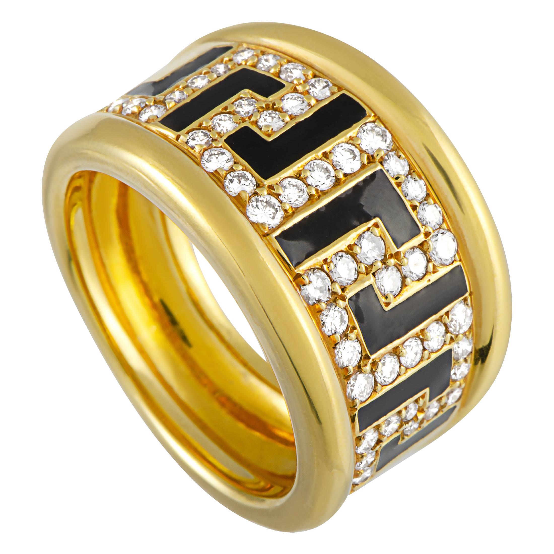 Versace 18 Karat Yellow Gold and Enamel 0.75 Carat Diamond Ring