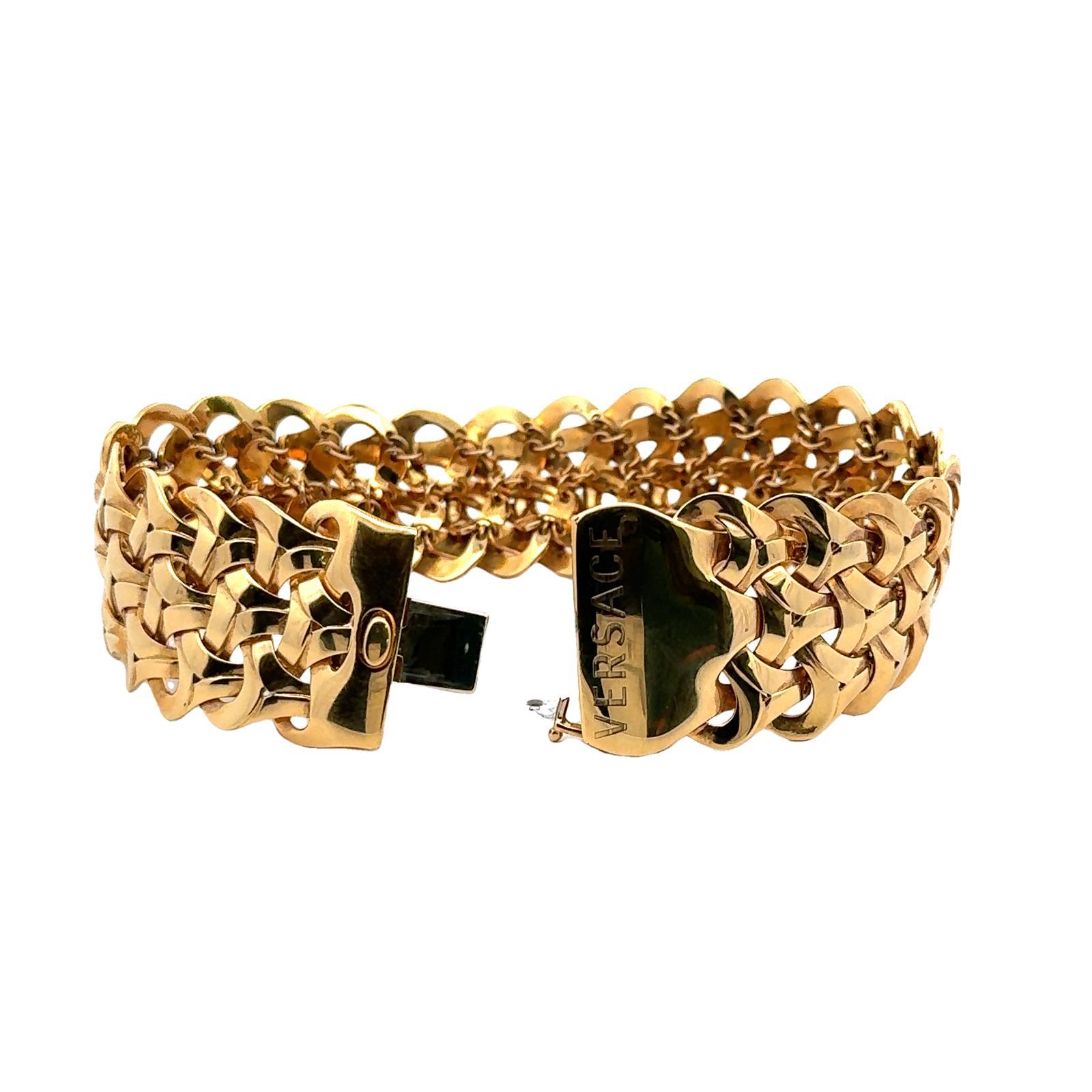 Versace 18 Karat Yellow Gold Vintage Wide Woven Link Bracelet In Excellent Condition In Boca Raton, FL