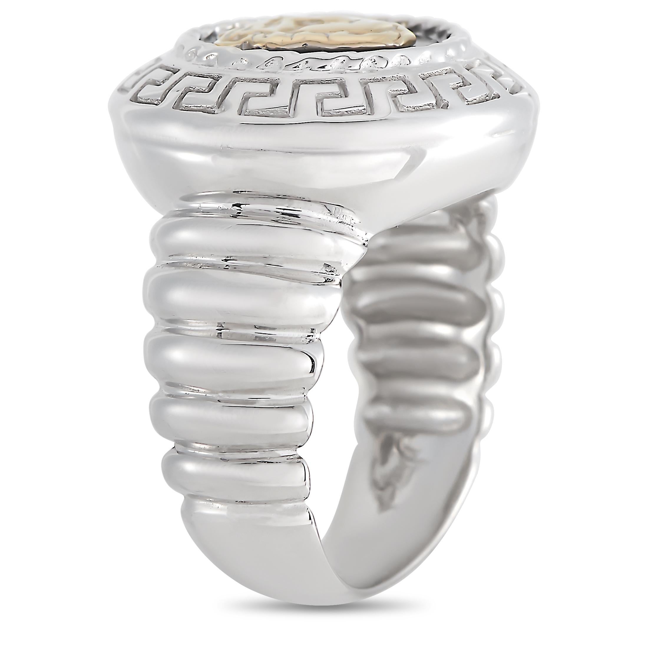 The luxury brand Versace’s signature logo takes center stage on this opulent ring. Crafted from 18K white gold, an onyx center stone provides the perfect backdrop for the brand’s classic Medusa symbol. It features both a band width and top height of