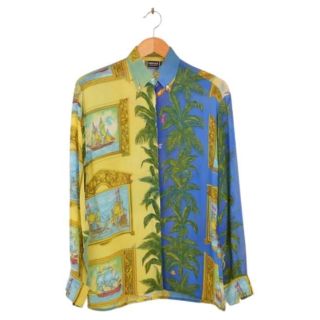 Gianni Versace 1990's Palm Leaf Miami Baroque Print Sheer Pattern Shirt For Sale