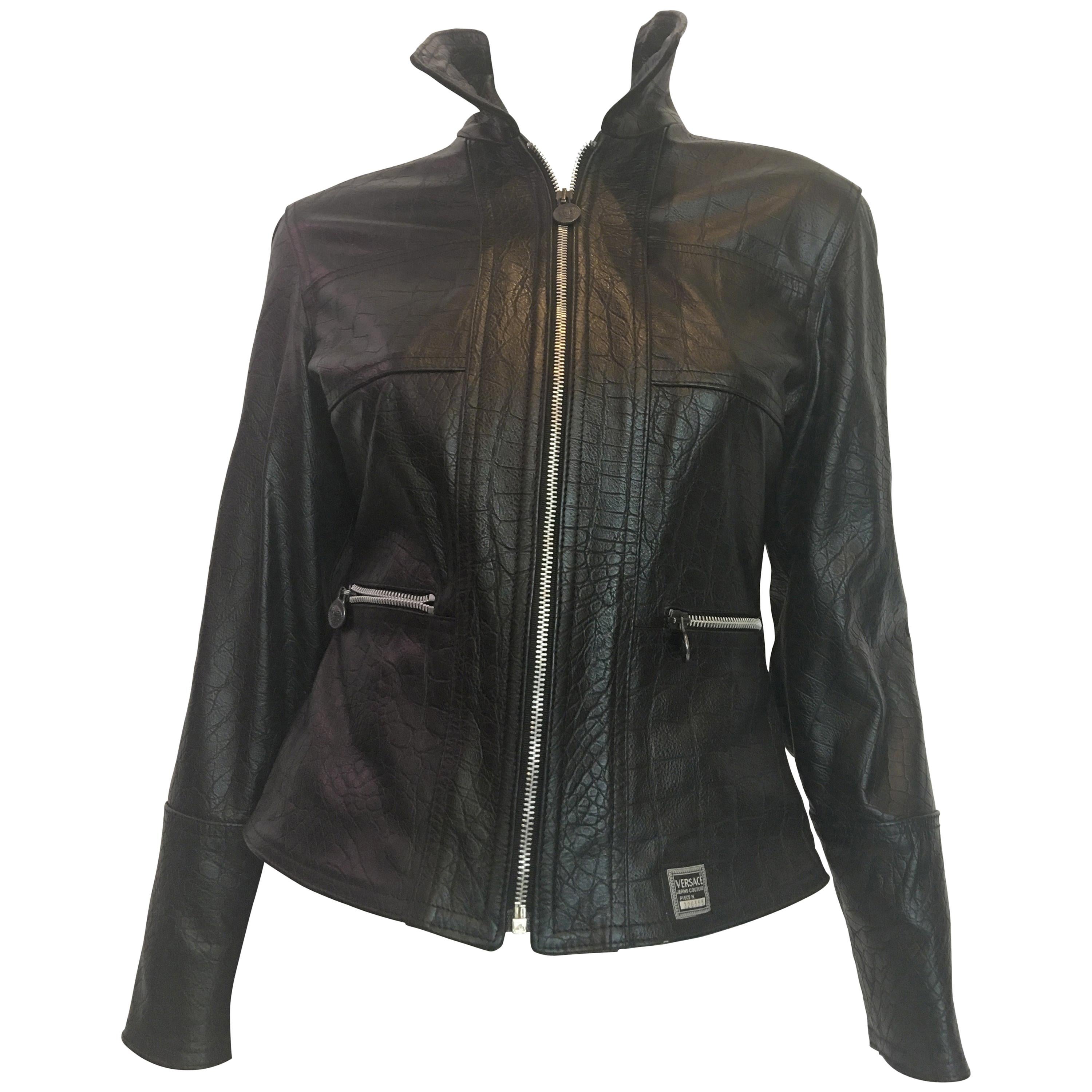 Versace 1990's Black Lizard Embossed Leather Jacket