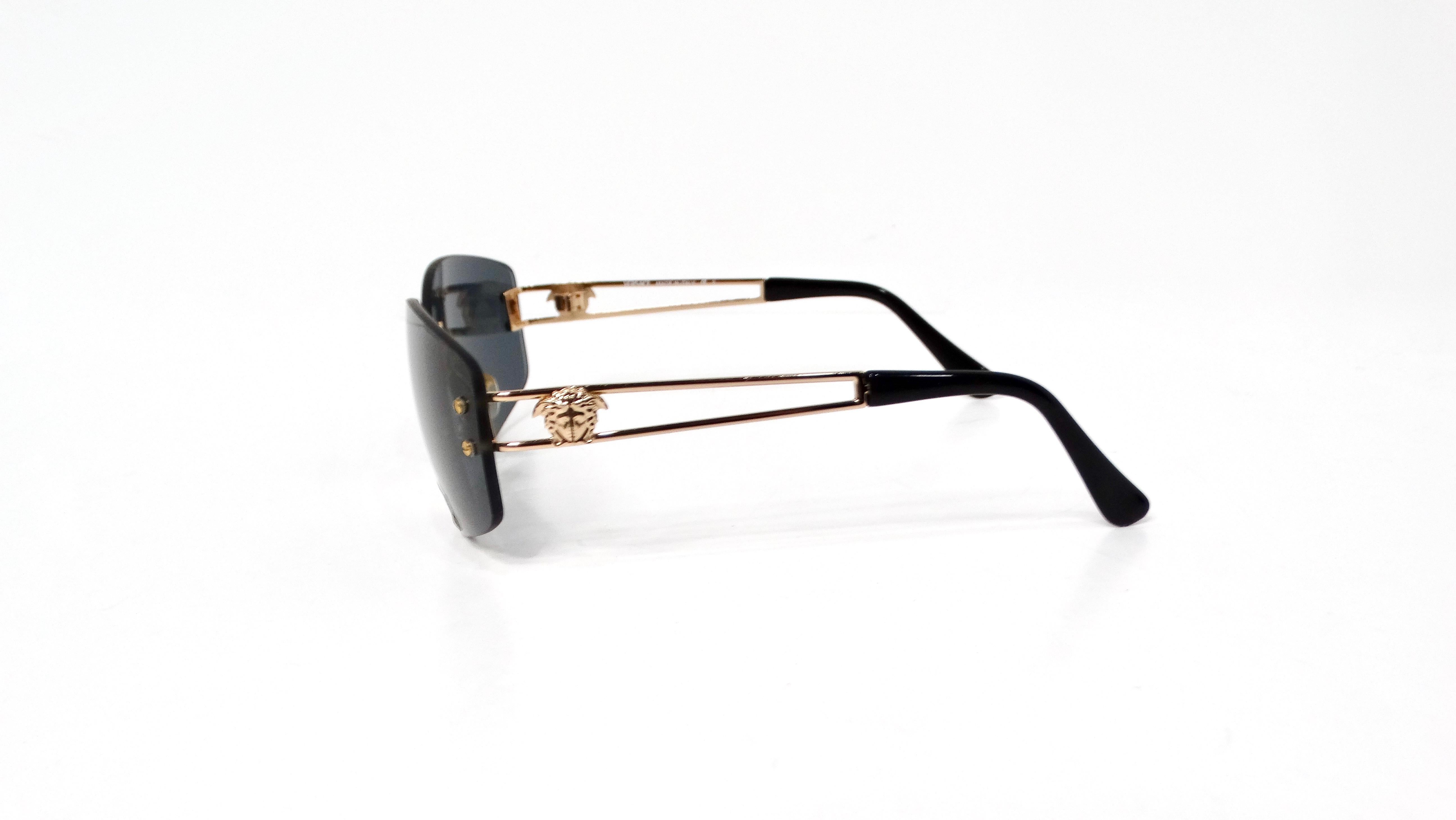 Black Versace 1990s Dark Blue Tinted and Gold-Tone Metal Rectangular Sunglasses For Sale