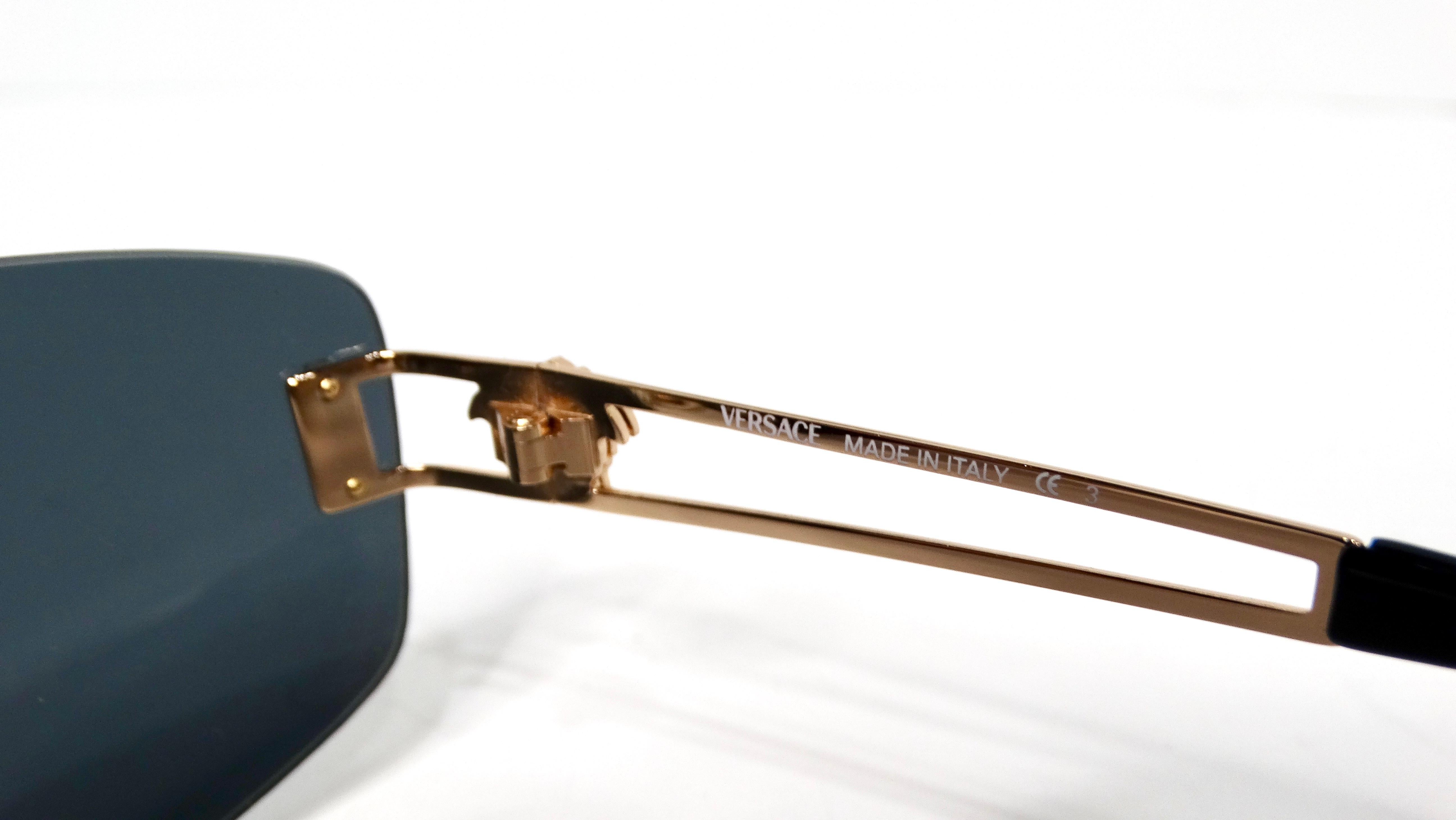 Versace 1990s Dark Blue Tinted and Gold-Tone Metal Rectangular Sunglasses In Good Condition For Sale In Scottsdale, AZ