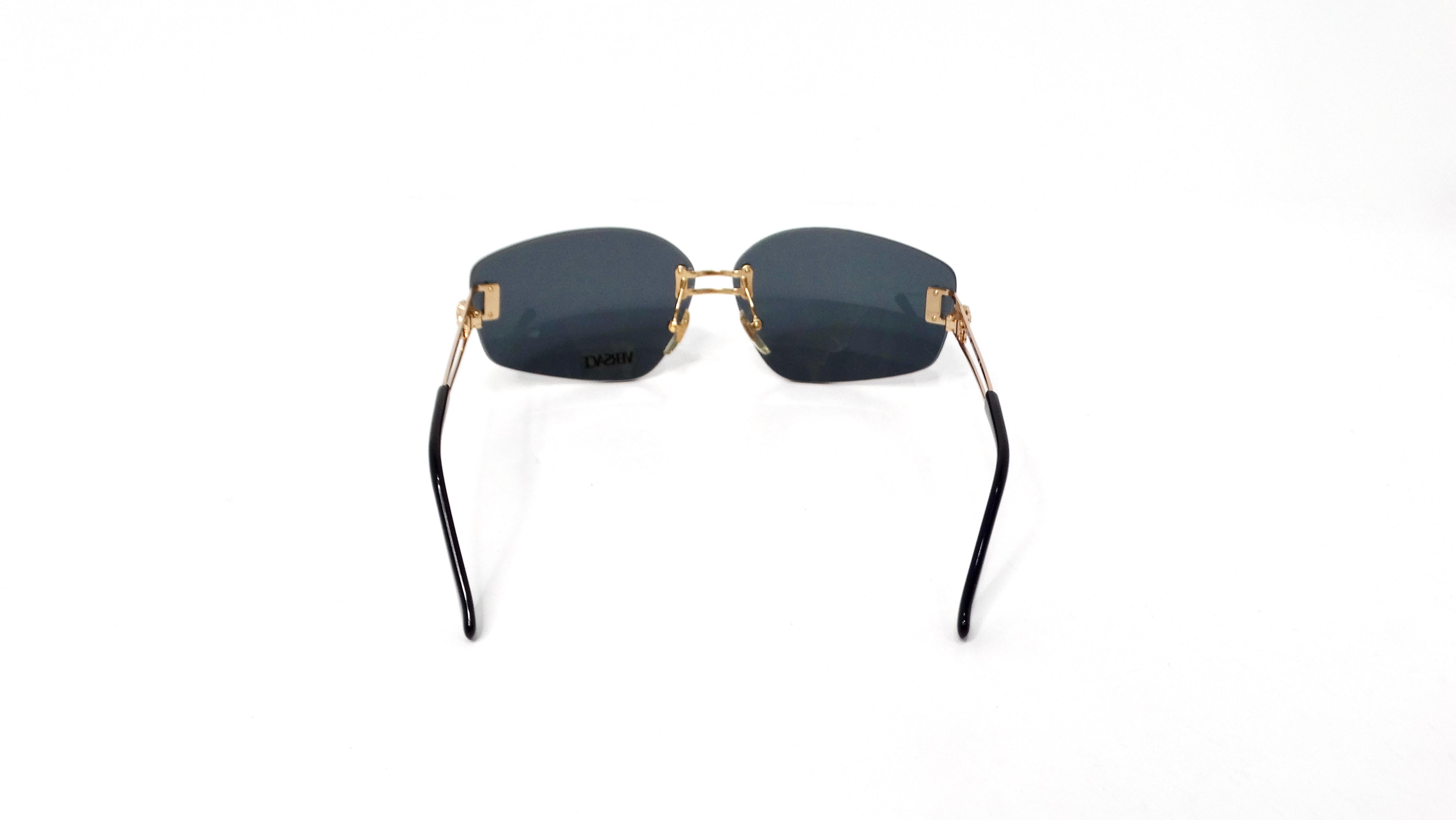 Women's or Men's Versace 1990s Dark Blue Tinted and Gold-Tone Metal Rectangular Sunglasses For Sale