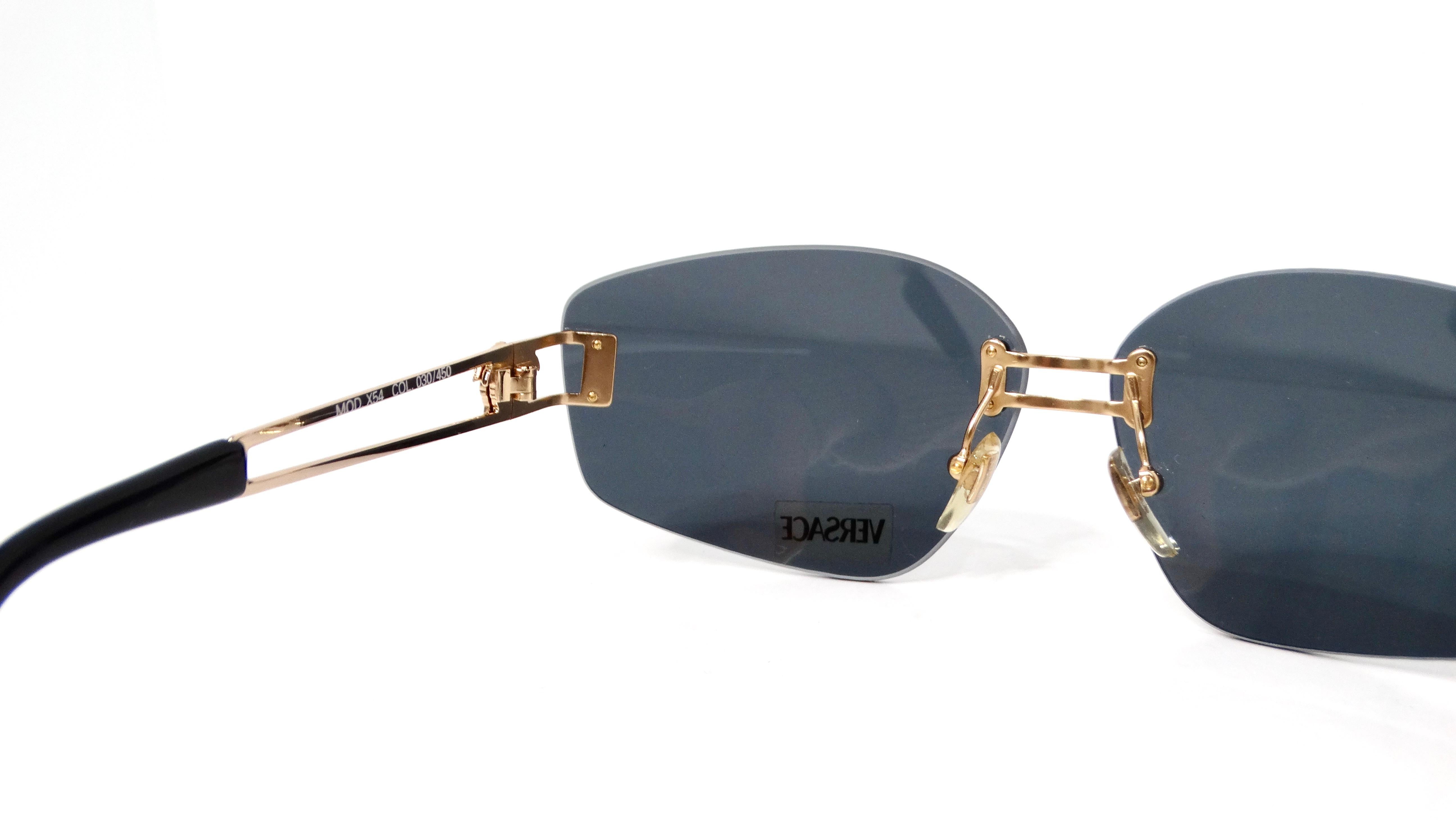 Versace 1990s Dark Blue Tinted and Gold-Tone Metal Rectangular Sunglasses For Sale 1