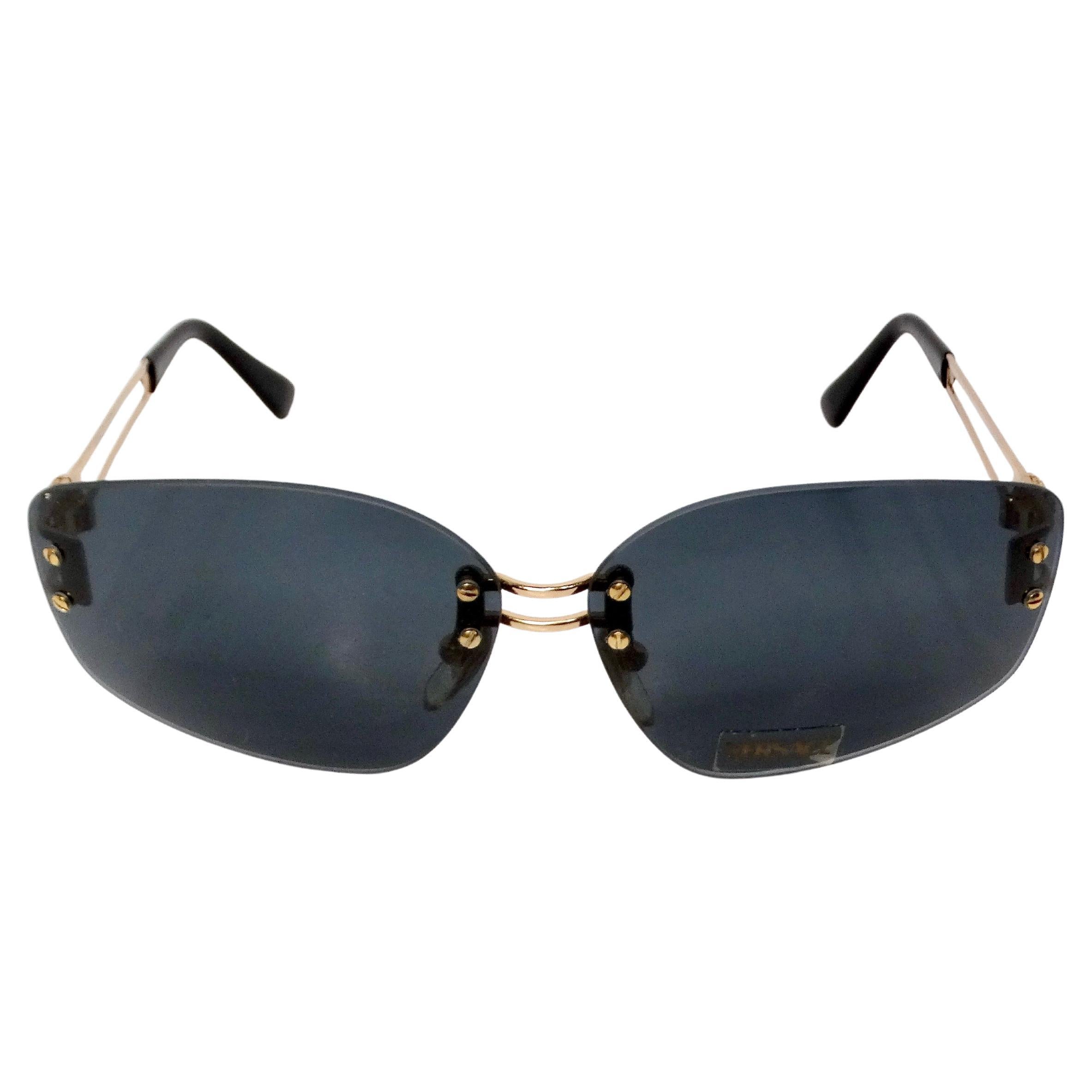 Versace 1990s Dark Blue Tinted and Gold-Tone Metal Rectangular Sunglasses For Sale