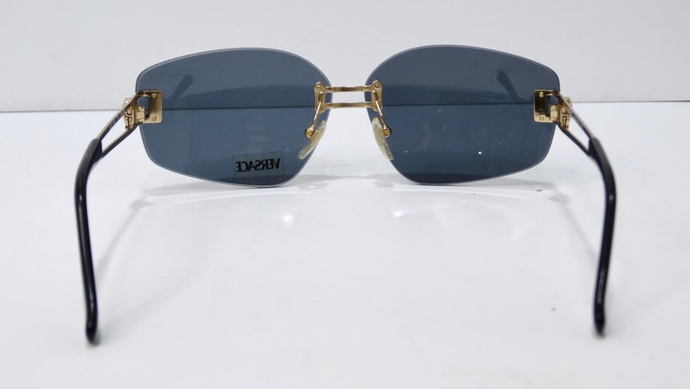 Women's or Men's Versace 1990's Gold Medusa Rectangle Sunglasses For Sale