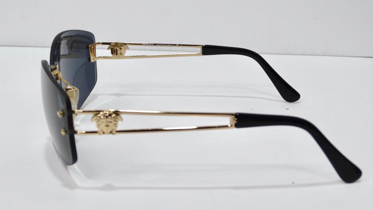 Versace 1990's Gold Medusa Rectangle Sunglasses For Sale 1