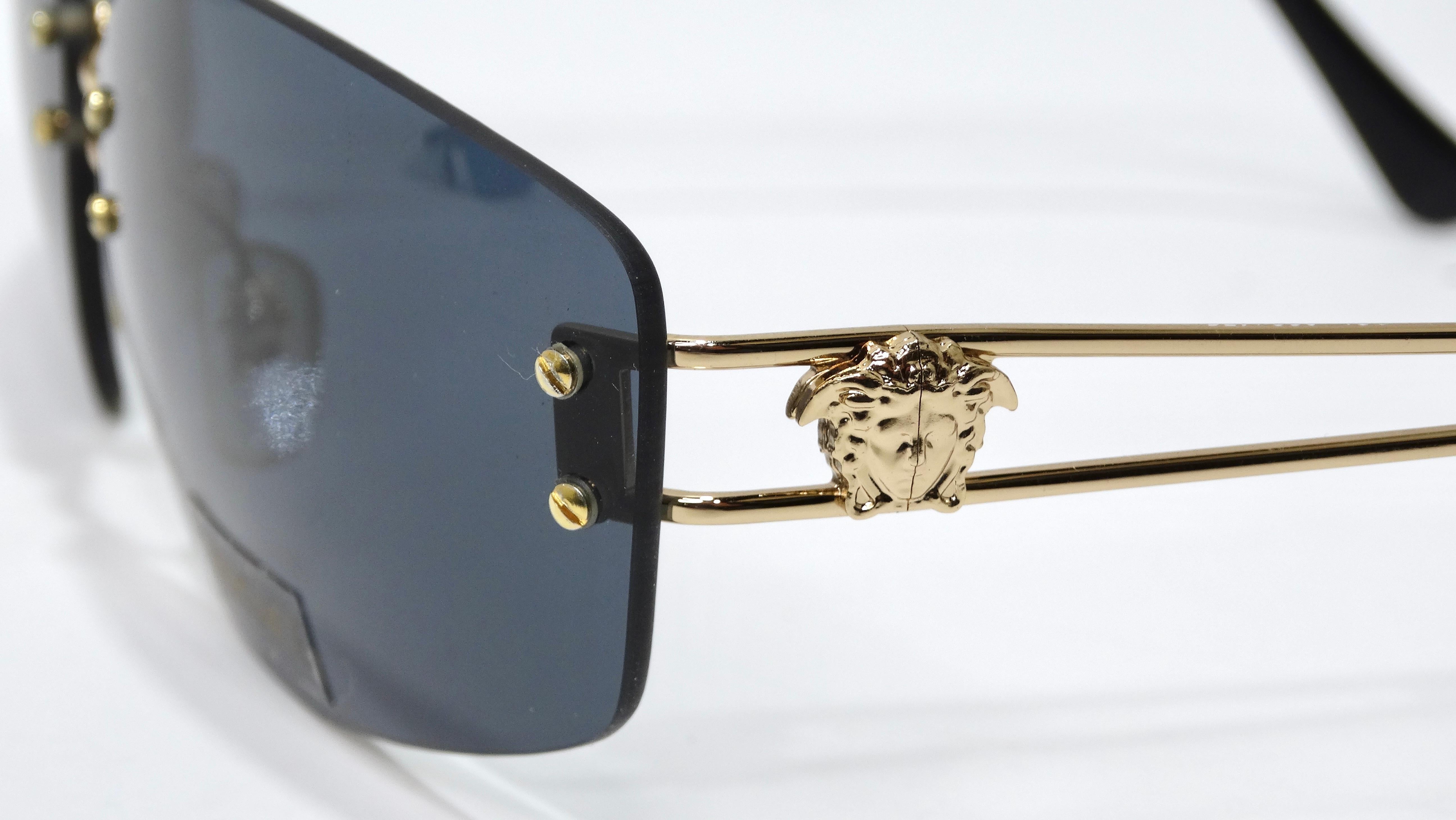 Versace 1990's Gold Medusa Rectangle Sunglasses For Sale 1