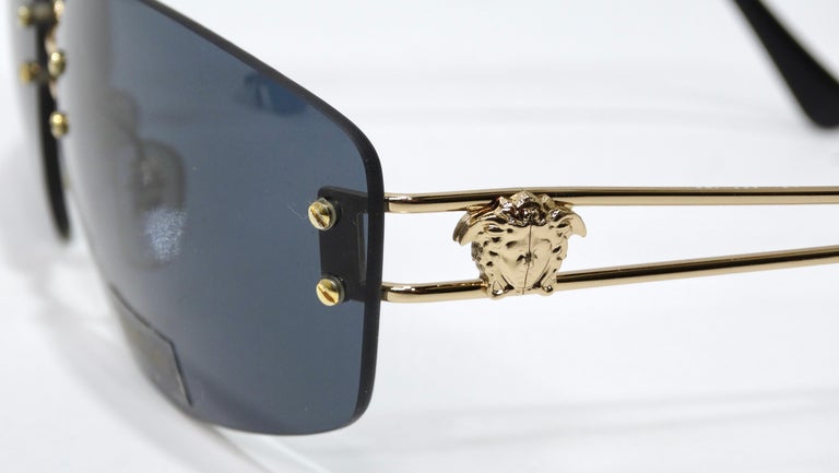 Versace 1990's Gold Medusa Rectangle Sunglasses For Sale 2