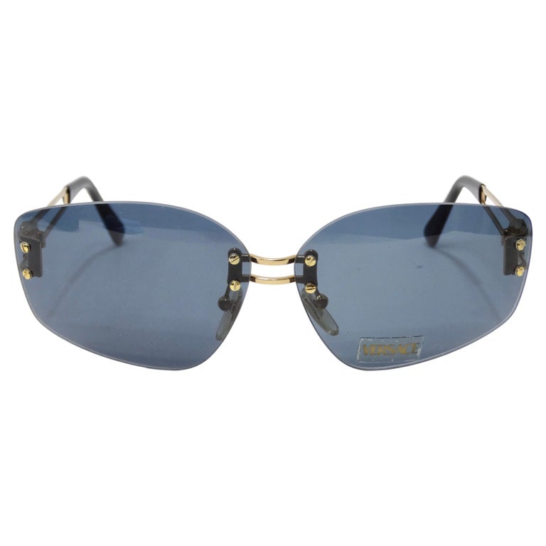 Versace 1990's Gold Medusa Rectangle Sunglasses For Sale