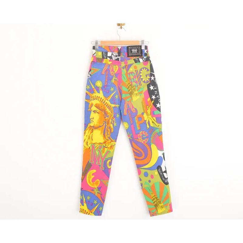 Gianni Versace Loud 1990's 'New York City' colourful pattern Jeans In Good Condition For Sale In Sheffield, GB