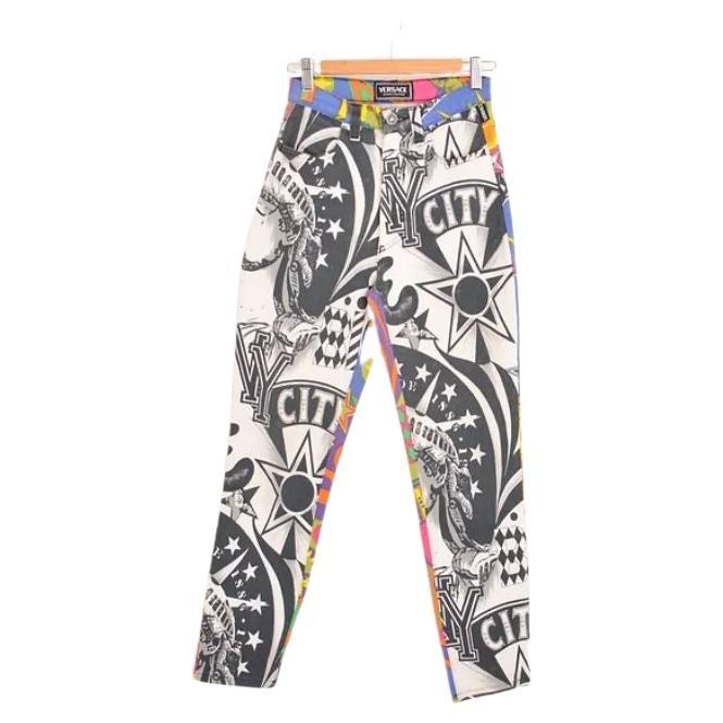 Gianni Versace Loud 1990's 'New York City' colourful pattern Jeans For Sale