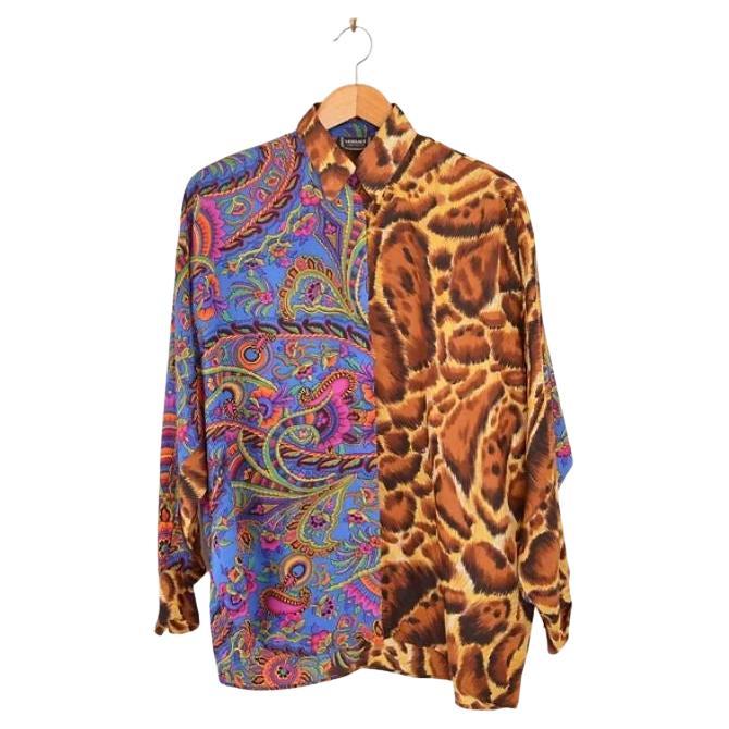 Gianni Versace 1990's Paisley & Leopard Print Pure Silk Baroque Shirt For Sale