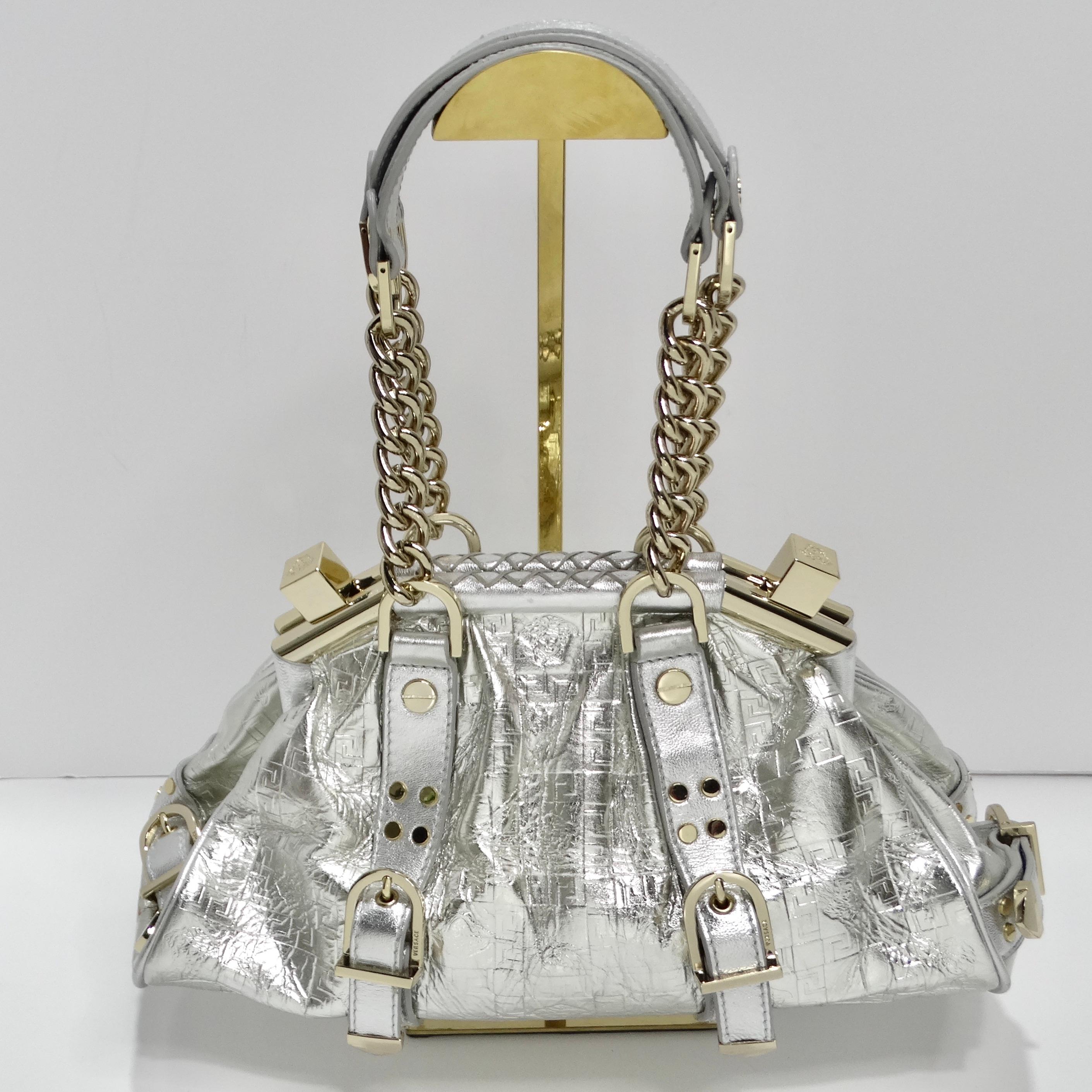 Versace 1990s Silver Leather Medusa Shoulder Bag For Sale 6